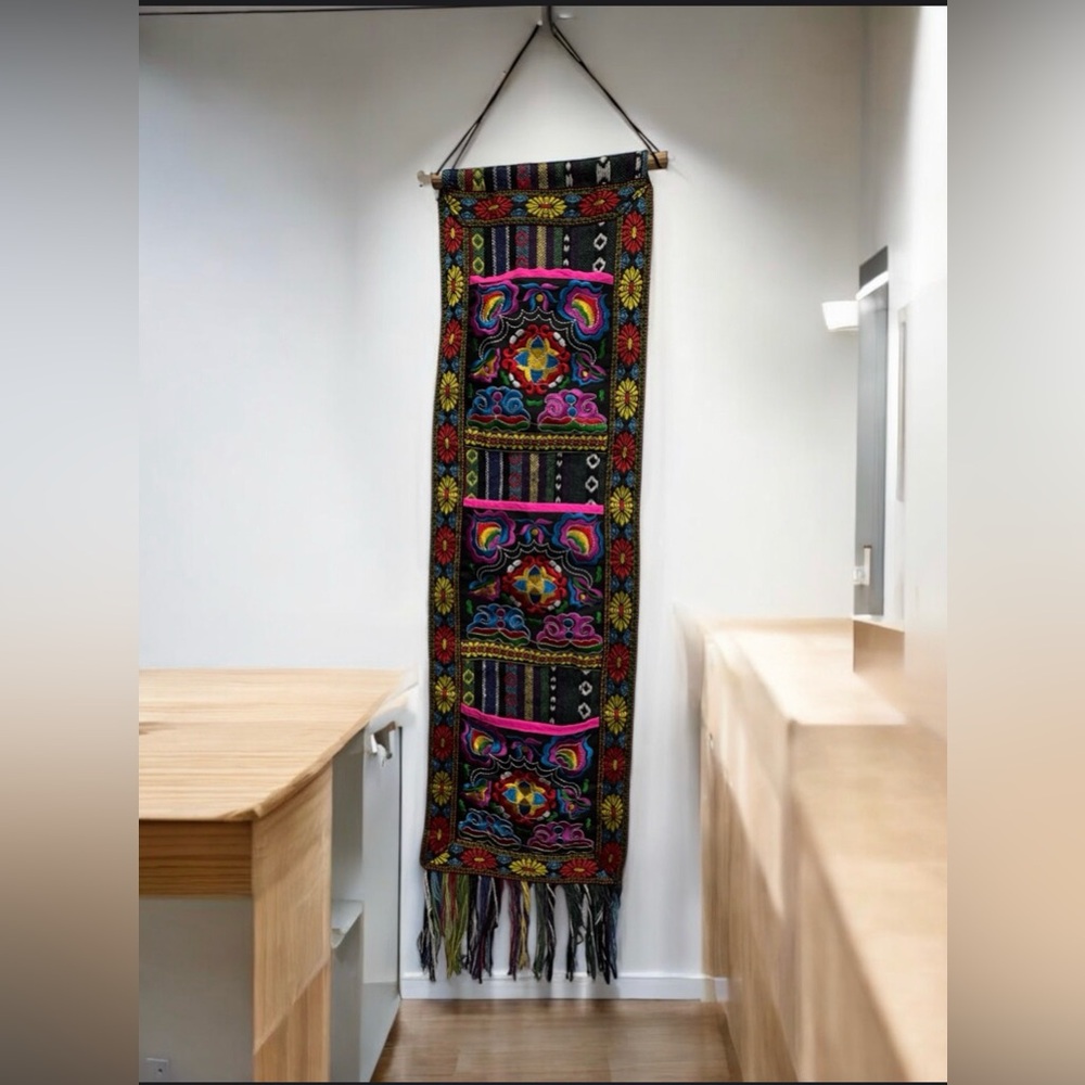 Source Unknown Multicolor Bohemian embroidered textile wall hanging 3 pockets